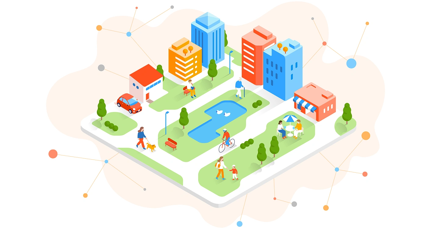 Bicycles, pedestrians and cars connected by a network of light in a green city